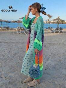 Luxuriously Handknitted Boho Colorful Coat Bell Sleeve Crochet Kimono Cardigan 2024 Autumn Winter Knit - 彩色 - 查看 2