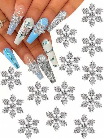 10件套迷人圣诞风格白色水钻雪花合金美甲装饰配件套装，3D冰雪女王公主风格可爱美甲饰品，手工DIY假指甲和手机壳装饰，水钻和装饰品，美甲用品，美甲宝石，圣诞礼物。