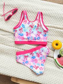Young Girl Summer Beach Vacation Leopard Print Bow Ombre Print Contrast Binding Bikini Set - Multicolor - View 1