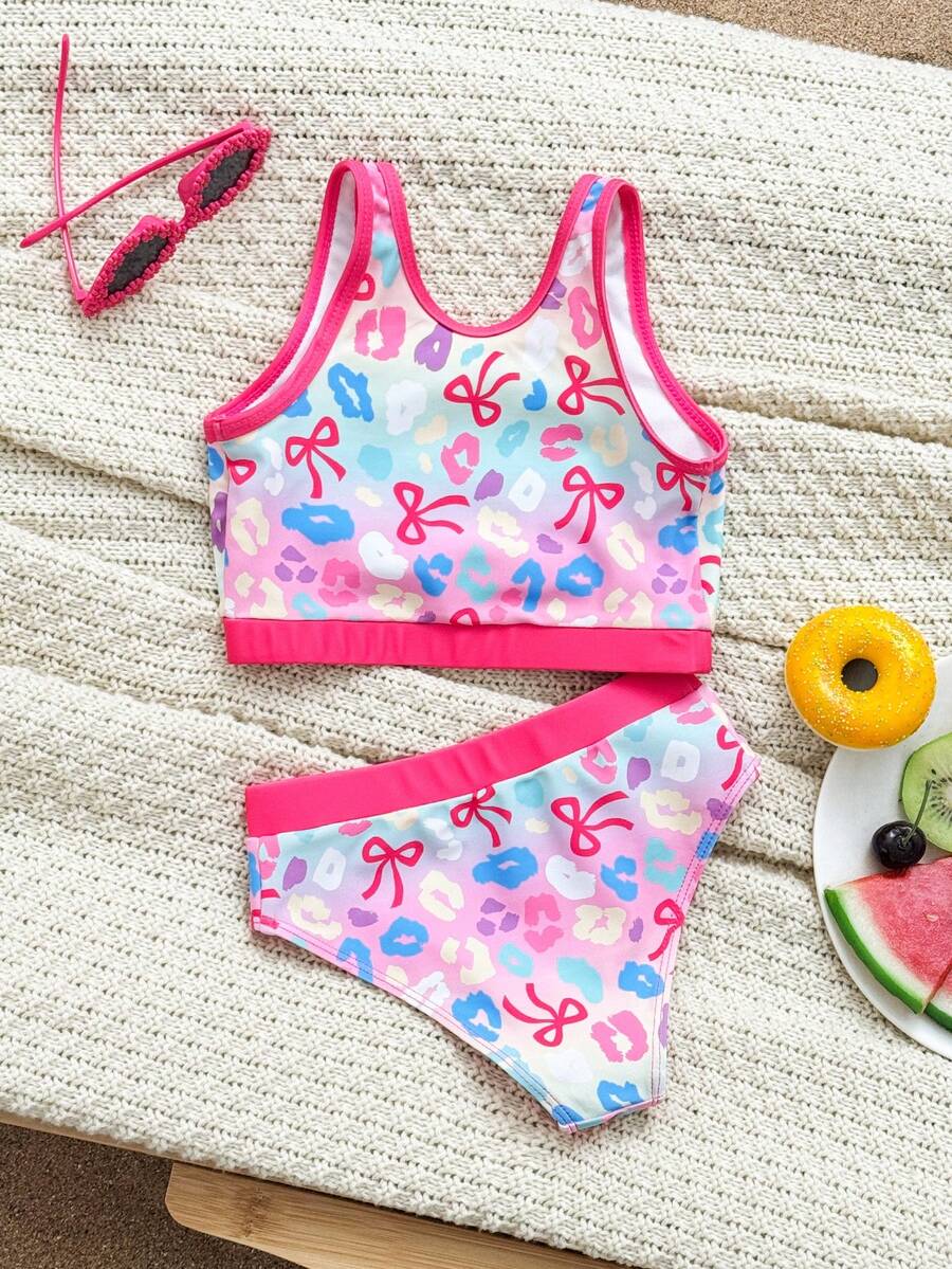 Young Girl Summer Beach Vacation Leopard Print Bow Ombre Print Contrast Binding Bikini Set - Multicolor - View 1