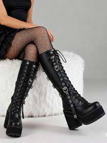 Punk Gothic Women Motorcycle Boots Chunky High Heels Lace Up Buckle Platform Fashion Cool Luxury Halloween Winter Shoes - màu đen - Xem 2