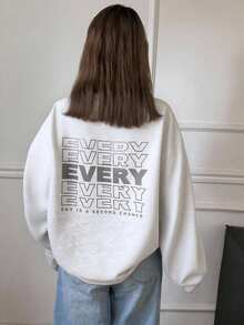 Livesso Sudadera holgada de felpa gruesa, de estilo casual y urbano, con cuello redondo, decorada con un patrón de contraste floral gris en la parte delantera, para mujer, para invierno - Gris - Ver 5