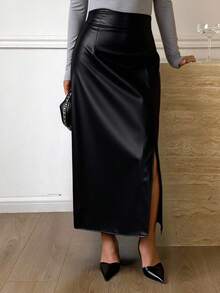 Livesso Women's Pu Material Long Split Skirt,Ladies Late Fall Elegant Split,Zipper Midi Regular Fit Ultra High Waist Black Plain Women Skirts,Casual Daily Wear,Pencil Skirt Leather Skirt - Black - View 2