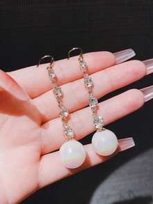 1 par de elegantes y lujosos pendientes de borla larga con circonita, estilo francés, versátiles pendientes de perla falsa únicos para mujeres