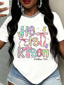 He Is Risen Easter Bunny Rainbow Tie Dye T Shirt Matthew 28 6 Christian Easter Gift For Women Spring Seasonal Apparel - trắng - Xem 2