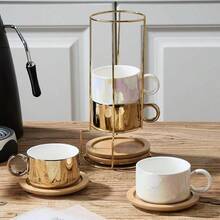 LUKA Taza de café expreso de porcelana con platillos y soporte de metal tazas pequeñas de cerámica de 177 ml apilables para expreso y capuchino juego de tazas para café con leche café café moca - dorado - Ver 6