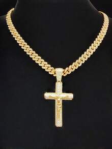 1 pieza Colgante de cruz de Jesús de circonita cúbica y 1 pieza Collar de cadena cubana de 9 mm con rhinestones, Collar colgante de estilo punk hip hop para hombres, joyería vintage de moda, adecuado para uso diario o fiesta, regalo para el amante - Plateado - Ver 13