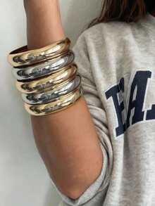 5 Peças Conjunto de Pulseiras Empilháveis Minimalistas Metálicas Lisas Exageradas em Ouro e Prata, Adequado para Mulheres, Casais, Uso Diário, Festa, Encontro, Banquete, Feriado, Presente de Ano Novo e Dia dos Namorados - Multicolorido - Visão 4
