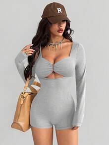 AITYI Studio 女士连体裤，休闲日常镂空金属装饰性感时尚户外装，适合毕业季、返校季、圣诞节、秋冬季穿着，弹力针织长袖短裤，合身舒适 - 花灰 - 查看 4