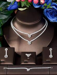 1 Bộ trang sức mặt dây chuyền vuông Cubic Zirconia thanh lịch, phù hợp với trang phục nữ - Bạc - Xem 3
