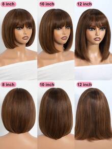 QVR QUEEN VIRGIN REMY QVR Brown Mixed Color Straight Wave Bobbed Wig With Bangs, Mini Lace Bobbed Bangs Wig, Clip-In And Ready To Wear, No Glue Needed, Suitable For Beginners - S4/30 - View 6