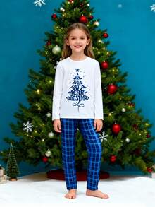 Family Matching Christmas Pajamas Set Letter Tree Print Holiday Pajamas Plaid Sleepwear Soft Loungewear