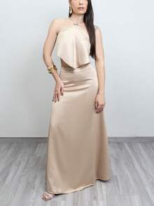 Conjunto Saia Longa Cropped Feminino Frente Única Amarração Cetim Moda Gringa Verão