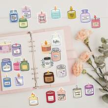 50 Hand-Drawn Candle Stickers: This Set Features Scented Candle-Themed Stickers In A Charming Hand-Drawn Style. The Scented Candles In The Stickers Are Housed In Glass Jars Of Various Shapes And Colors, With Lifelike Flames. Each Jar Features Different Label Texts Indicating The Candle's Fragrance