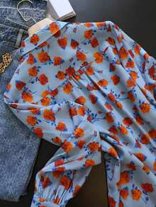 女士印花休闲衬衫 - 藍色 - 查看 3