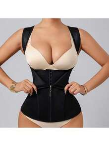 Corset modelator pentru femei | Bretele reglabile pentru umeri și suport cu țesătură osoasă | Lenjerie modelatoare cu compresie dublă, închidere cu fermoar | Material latex neted, negru, la modă | Vestă modelatoare pentru abdomen, îmbunătățește silueta și talia, articol vestimentar modelator | Etanșare sigură cu fermoar | Lenjerie modelatoare abdominală - Negru - Vizualizare 5
