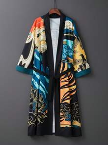 Retro Chinese Style Tiger Print Mid-Length Kimono Cover Up Coat, Summer Beach Vacation Sunscreen Wear