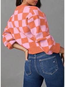 Women's Checkered Button Down Long Sleeve Knit Cropped Cardigan Sweater Tops, Style - 橘色 - 查看 3