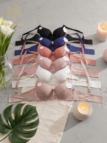 6 pairs Sujetadores para mujer de copa B, Sujetador diario suave, sin costuras ni marcas, cómodo,Conjunto de 6 sujetadores de mujer en 6 colores diferentes, con detalles de encaje y tiras ajustables decoradas con letras y strass. - Multicolor - Ver 11