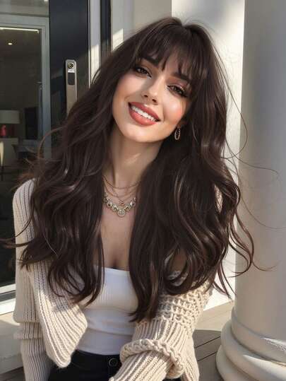 完美自然弯曲波浪长卷发假发合成编织化学纤维假发带刘海非常适合假期旅行家庭聚会圣诞节日常佩戴