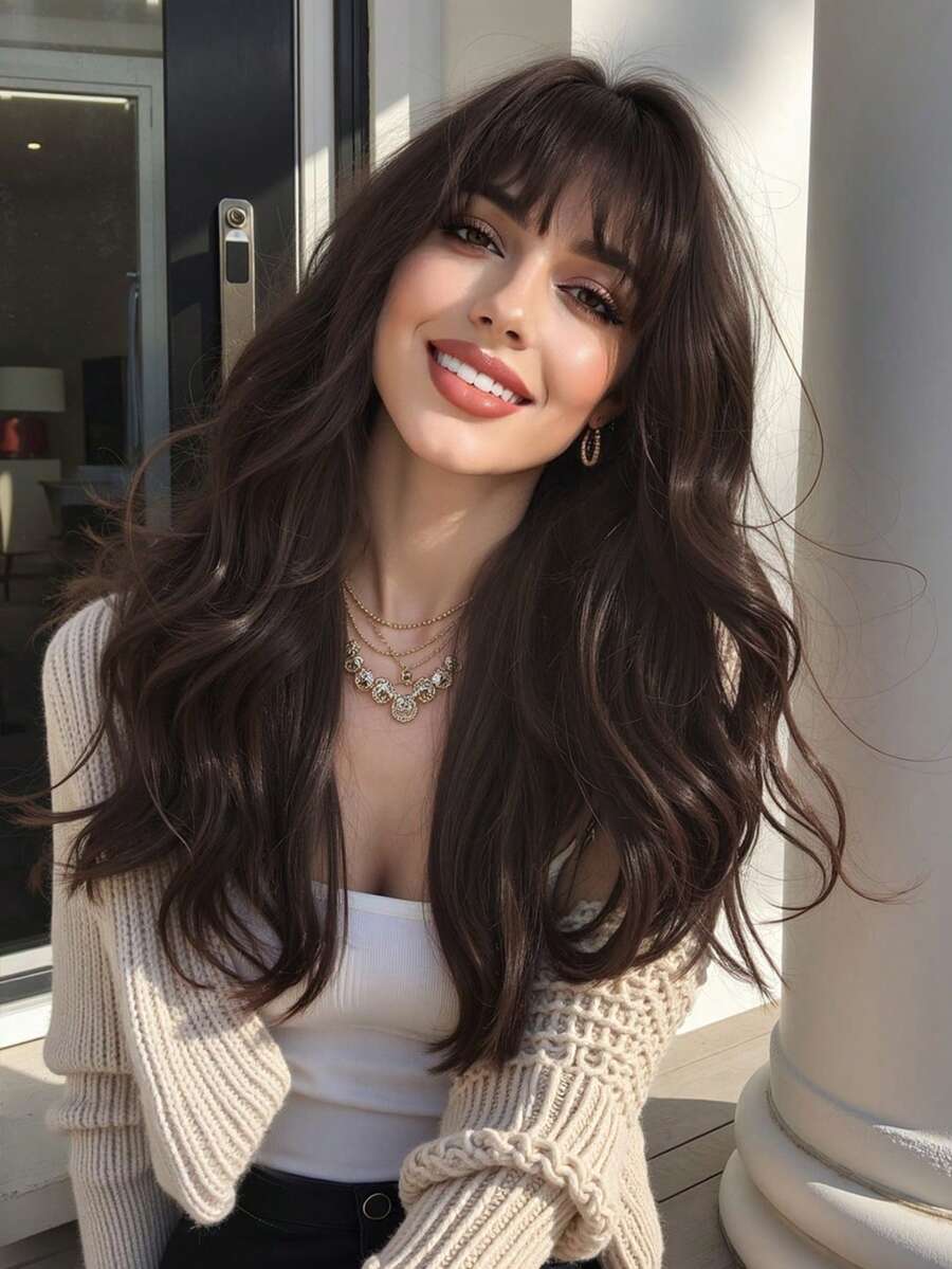 Perfect Natural Bend Wavy Long Curly Wig Synthetic Woven Chemical Fiber Wig With Bangs Perfect For Holiday Travel Family Gatherings Christmas Everyday Wear - Dark Brown - View 1