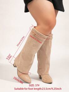 Wide Width Faux Suede Tall Boots, Folding Shaft, Chunky Heel, Apricot Color Knee-High Boots With Shark Buckle Decor, Sexy Outdoor Women's Wide Calf Boots, Wide Width High Heel Boots, Beige Boots