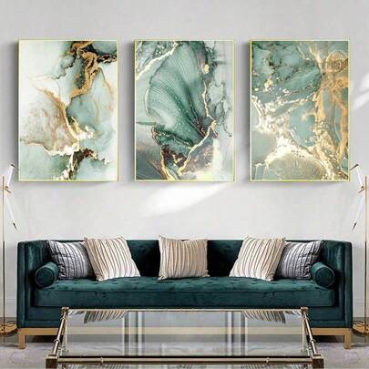 3pcs/Set Unframed Abstract Wall Arts - Green Posters, Stylish Gold And Teal Decor For Bedroom, Living Room, Or Office, Dorm Room Decor, Modern Canvas Prints