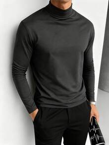 男士春秋季高领长袖T恤，适合户外休闲穿着 - 深灰色 - 查看 2