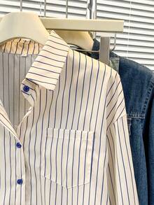 YUXIN 女士春秋季趣味卡通兔子印花蓝色条纹衬衫，宽松休闲办公百搭修身长袖上衣 - 杏色 - 查看 8