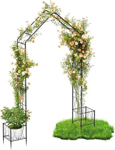 Metal Garden Arch Trellis For Climbing Plants Outdoor 8.2 Ft Garden Arbor With Planter Boxes Wedding Arches For Ceremony Halloween Christmas Decoration Garden Archway For Party, Backyard, Lawn