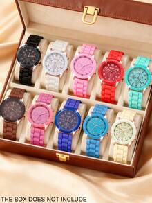 10pcs Minimalist Casual Women's Quartz Watches, A Colorful Dopamine-Inspired Watch Set For Women, Featuring Black/White/Pink/Red/Blue And Other Colored Straps Paired With Matching Dials, Perfectly Showcasing A Sweet And Cool Dopamine-Style Vibrant Feel. - Multicolor - View 12