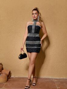 DEIVE TEGER Luxury Rhinestone Embellished Spaghetti Strap Bodycon Mini Dress, Sexy, Suitable For Ball, Party, Birthday, Prom, Graduation Ceremony