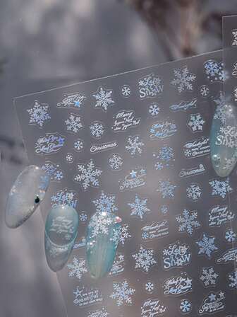 1张渐变蓝色雪花美甲贴纸，3D圣诞字母设计美甲贴花，冬季节日美甲DIY装饰