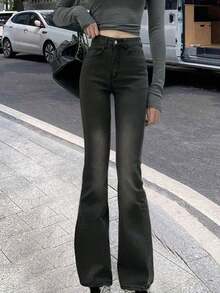 女士口袋喇叭休闲百搭牛仔裤（春季款） - 深灰色 - 查看 2