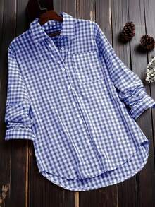 Áo sơ mi dài tay kẻ caro cổ điển thường ngày dành cho nữ, Xuân/Hè - Màu xanh lam - Xem 1