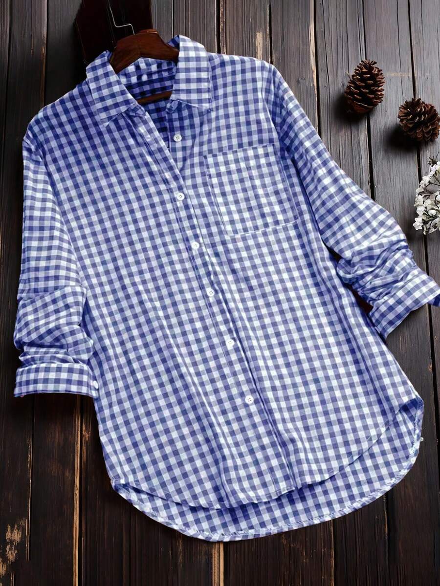 Áo sơ mi dài tay kẻ caro cổ điển thường ngày dành cho nữ, Xuân/Hè - Màu xanh lam - Xem 1