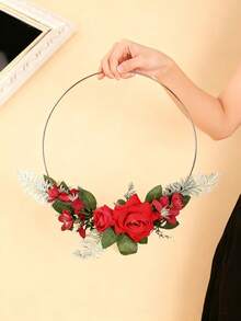 1件全新手工花环，优雅新娘捧花，仙女风悬挂装饰，室内铁艺伴娘花环，花冠，头饰，头饰 - 紅色 - 查看 2