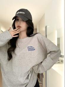 女士休闲圆领图案印花可爱棉质长袖 T 恤，适合春秋季节穿着 - 淺花灰 - 查看 1