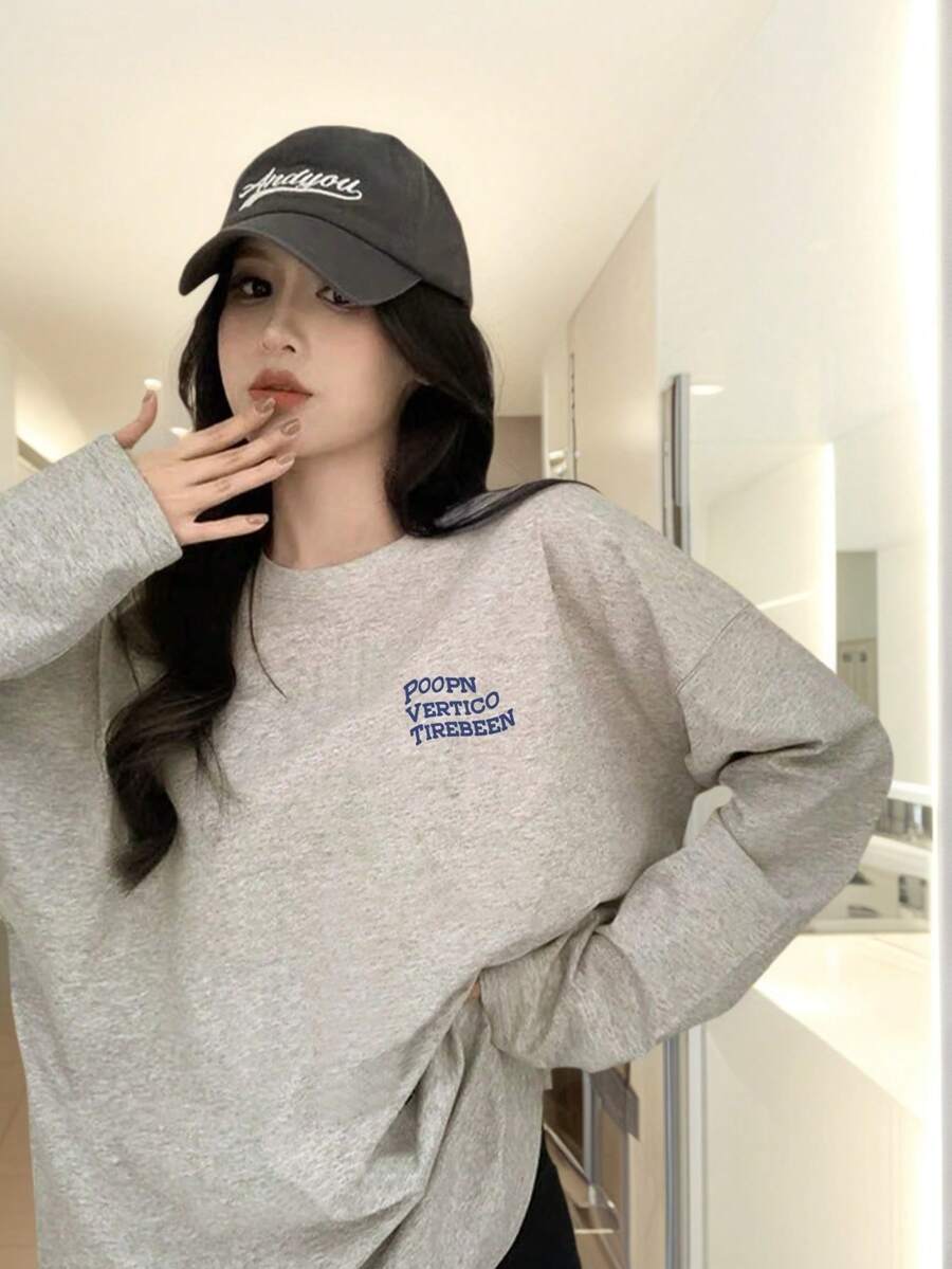 女士休闲圆领图案印花可爱棉质长袖 T 恤，适合春秋季节穿着 - 淺花灰 - 查看 1