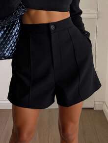 Livesso Quần short lưng cao họa tiết sọc tăm đơn sắc thoải mái cho nữ - màu đen - Xem 3