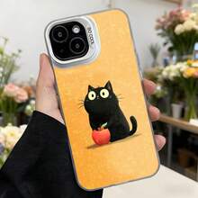 Cubierta de teléfono con diseño de gato negro y manzana roja color naranja para uso diario en floristerías y espacios elegantes Aplicable a los teléfonos de la serie Apple y Galaxy - Negro - Ver 3