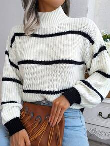 Casual Striped Lantern Sleeve Half High Neck Knitted Sweater Mujer Nuevo jersey de punto con cuello medio alto, estilo europeo y americano, para mujer, prenda exterior, a rayas, colores contrastados, moderno, cálido, cómodo, holgado, cuello alto. - Blanco - Ver 5