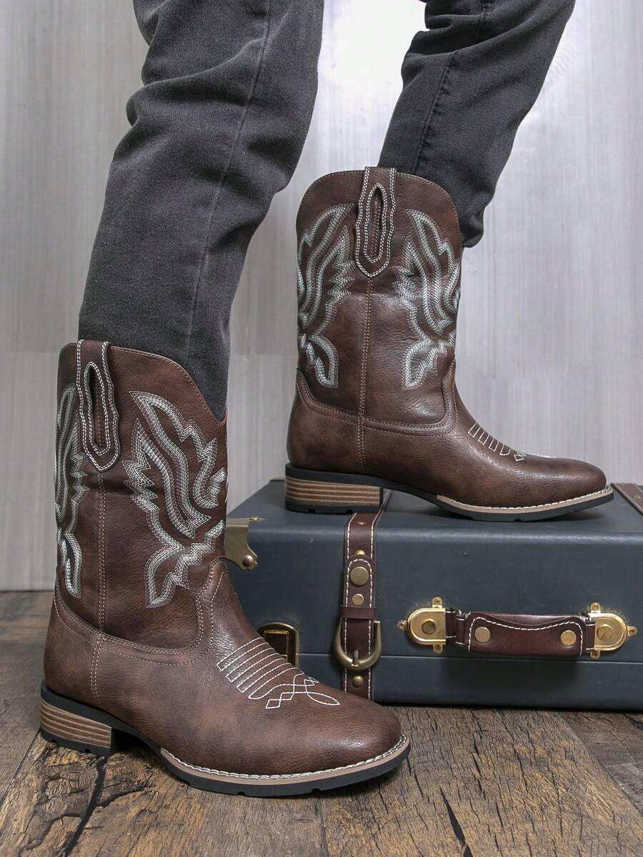 Unisex Couple Western Cowboy Boots | Black Embroidered Mid-Calf Retro Boots | Non-Slip Sole - For Men & Women Daily/Street Wear