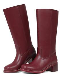 Western Boots For Women Flower Embroidery Mid Calf Boots Square Toe Chunky Block Heel Knee High Boots Low Heel Long Boots For Women Comfortable Casual Cowgirl Western Boots For Women Comfort Country Walking Shoes - 酒紅色 - 查看 3