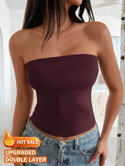 Vaiaye Women's Four Season Sexy Strapless Basic Solid Color Elastic Slim Fit Strapless Top, Spring And Summer Strapless Basic Vest Fashionable T-Shirt