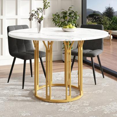 Round Dining Table (1 Piece), Kitchen Table, Breakfast Table, Metal Legs, Gold/Black Marble Pattern
