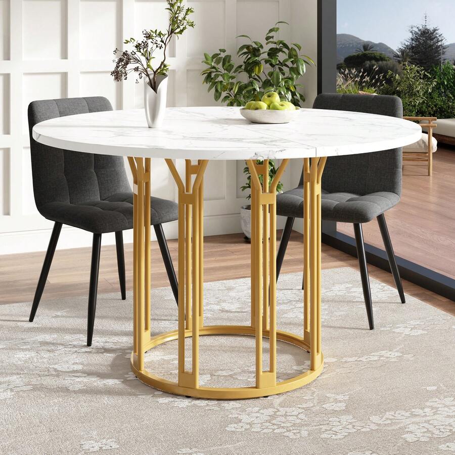 Round Dining Table (1 Piece), Kitchen Table, Breakfast Table, Metal Legs, Gold/Black Marble Pattern - Gold - View 1