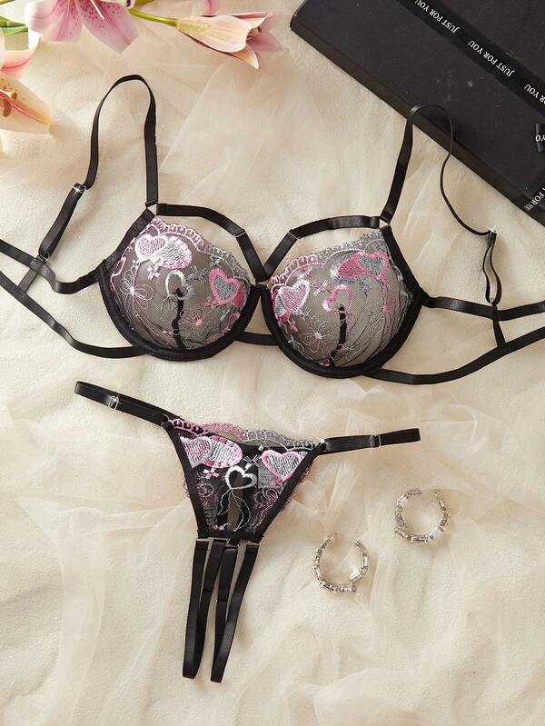 Sheer Heart Embroidery Sexy Lingerie Set With Underwire, Includes Bra And Panty