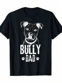 T-shirt homme avec motif "Bully Dad" - 100% coton, noir, design de bouledogue blanc, manches courtes casual col rond, confortable pour toutes les saisons, T-shirt pour la Fête des Pères - Noir - Voir 1