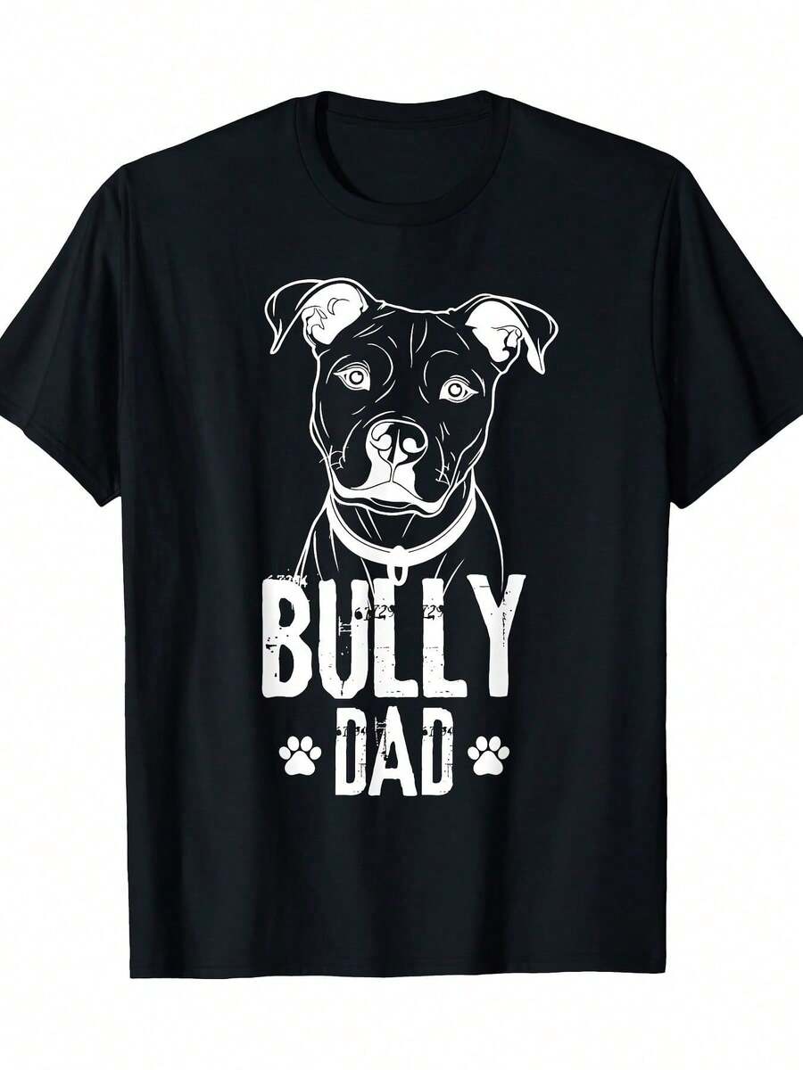 T-shirt homme avec motif "Bully Dad" - 100% coton, noir, design de bouledogue blanc, manches courtes casual col rond, confortable pour toutes les saisons, T-shirt pour la Fête des Pères - Noir - Voir 1